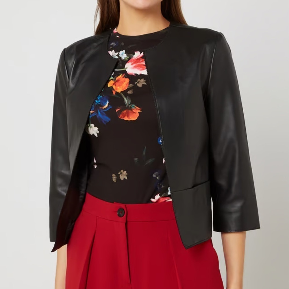 Ted Baker London Black Leather Open Front Blazer with Scalloped Trim Sz4